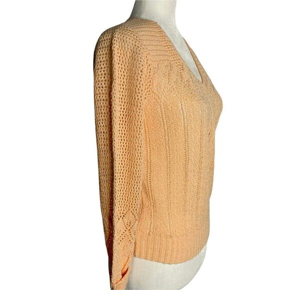 Vintage Open Knit Pull Over Sweater S Peach V Neck Long Sleeves Ribbed Trim - Picture 3 of 6